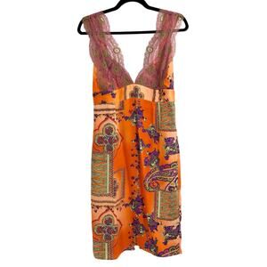 Single Dress Orange Floral Print Silk & Lace Midi Dress Size 8